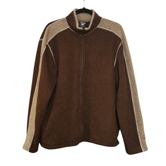 Kuhl Alfpaca Fleece Full Zip Jacket, brown & tan with pockets, mock-neck sz L - Picture 1 of 12